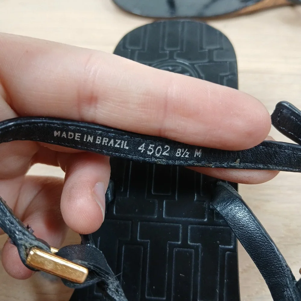 Tory Burch Sandals Women's 8.5 Black Leather Wedge Cork T Strap Thong Summer